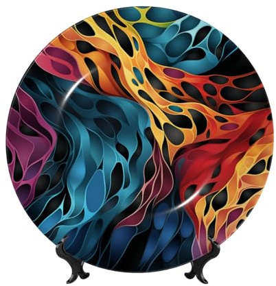 HSIRYAOHD Dekorativer Teller aus Knochenporzellan, dekorativer Keramikteller mit Ständer, Regenbogen-Leopardenmuster, Keramik-Essteller, Basteln, 25,4 cm, Keramikornamente für Wand-Hangi