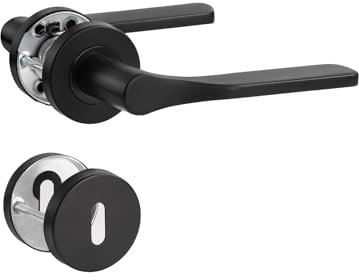 SORWDUERM Poignée de porte noire en acier inoxydable mat - Poignée de porte pour porte d'entrée et porte intérieure - En forme de L - Rosace ronde - Cylindre profilé