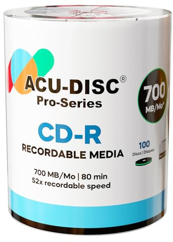 ACU-DISC Pro-Series Blank CD-R80 700MB 52x 80min Discs – Perfect for Photos & Videos – Compatible with Any CD Drive 17677 – 100 Pack