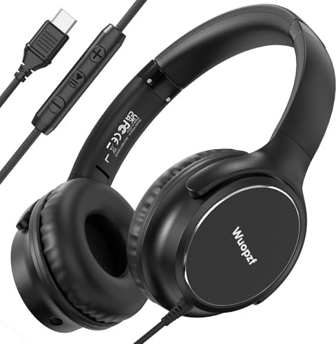 Wuopzf USB C Wired Over-Ear Headphones with Microphone, Volume Control, Share Port, and Adjustable Headband Foldable Stereo Headset for iPhone 16, Samsung, Laptop, Gaming, Travel
