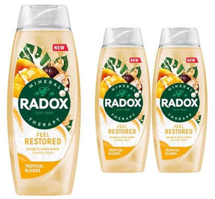 Radox Mineral Therapy Feel Restored Shower Gel Body Wash, Pack of 3, Shower Cream with 4 minerals and 13 herbs, Mango and Cocoa Butter Scent for Mood-Boosting Experience, 450 ml