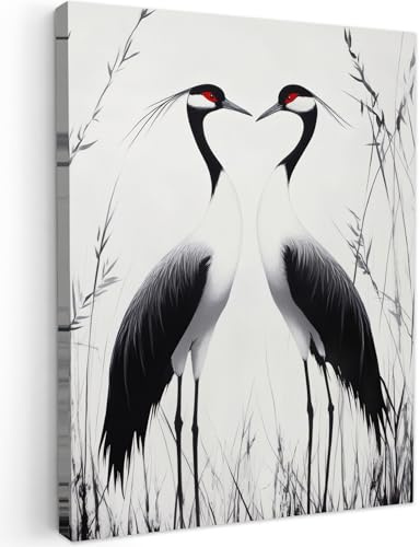 MuchoWow© Leinwand Deko Schlafzimmer Aesthetic Leinwandbilder Wohnzimmer | 50x70 cm - Gemälde Foto Geschenk Living Room Decoration Kraniche - Gras - Herzform - Schwarz