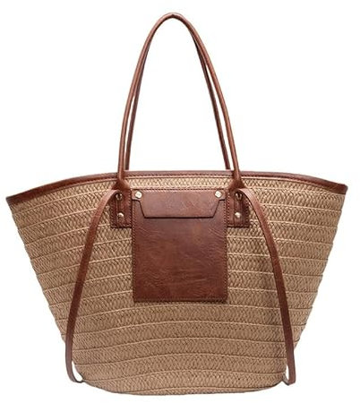 WREWING Bolsa de playa tejida con paja, bolsa de hombro grande retro de verano, bolso cruzado versátil para piscina, mercado y viajes, Khaki, Extra-Large