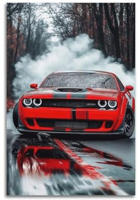 Sportwagen-Poster, Dodge Challenger Hellcat auf nasser Straße, mit dynamischem Reifenreflexionsposter, dekorative Malerei, Leinwand, Wandposter und Kunstdruck, moderne Familienschlafzimmer-Dekoration