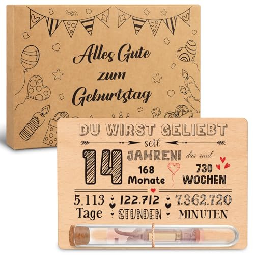 Giftota 14 Geburtstag Geldgeschenke Holz mit Reagenzglas Juteschnur Holzkarte Geschenkbox - 14 Geburtstag Geschenk Mädchen Jungen