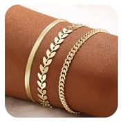 VIROMY Gold Bracelets for Women 14K Gold Plated Leaf Bracelets Cuban Snake Link Minimalist Lightweight Stackable Chain Simple Jewellery Set Gifts for Wome