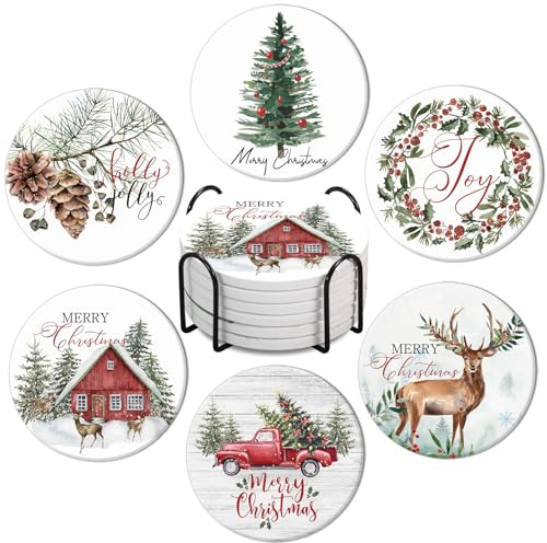 Whaline 6Pcs Christmas Ceramic Coasters with Holder Watercolor Farmhouse Drink Coasters Xmas Tree Truck Reindeer Absorbent Cup Mat for Holiday Home Kitchen Party Table Decor