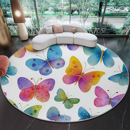 Runder Teppich Für Wohnzimmer Schlafzimmer – Weich, Waschbar & rutschfest, Perfekt Als Wohnzimmerteppich Oder Kinderzimmerteppich, Aquarell Tiere Schmetterlinge 180 cm Blau
