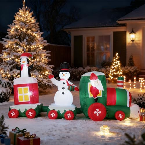 SOARS Weihnachtsdekoration, aufblasbarer Zug mit Weihnachtsmann, Schneemann und Pinguin, 350 x 120 x 177 cm, 7 LED-Lichter, integrierter Gebläse, Weihnachtsdekoration für den Außenbereich, Haus, für