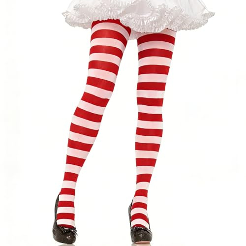 Ringelstrumpfhose Damen Karneval Gestreifte Strumpfhose Damen Rot Weiß | Ringelstrümpfe Rot Weiss Ringelsocken Fasching Strumpfhosen Striped Tights für Karneval Halloween Cosplay Mottopartys
