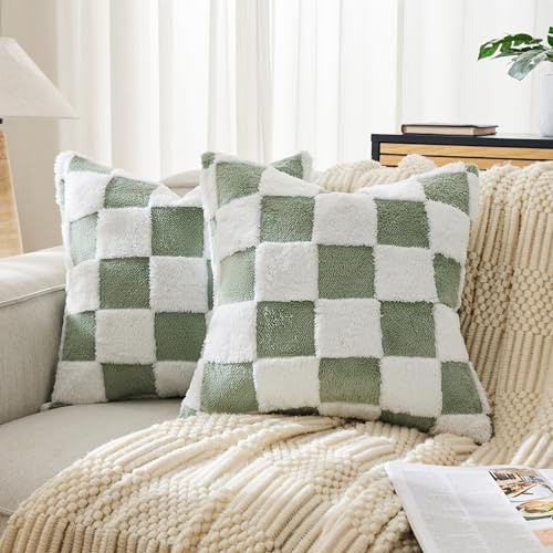 Ohocut Salbeigrün Karierte Jacquard-Zottel-Kissenbezüge, 2 Stück, flauschig, niedlich, dekorativ, ästhetisch, weich, kariert, für Couch, Sofa, Schlafzimmer, 40 x 40 cm