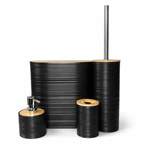 4-Piece Bathroom Accessory Set with Rubbish Bin, Soap Dispenser, Toilet Brush and Toothbrush Holder (BLACK set)