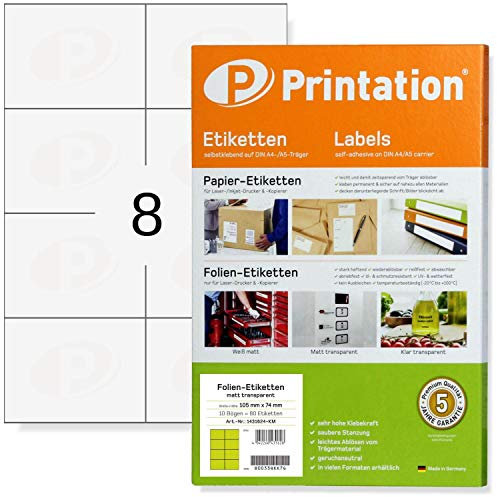 Printation 105 x 74 mm Folien-Etiketten wasserfest transparent matt selbstklebend - 10 Blatt A4 / 8 Labels pro A4 Bogen 2x4 - bedruckbare Klebe-Folie transparent für Laser Drucker wetterfest 105x74
