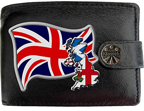 Klassek British Flag Union Jack Map and Coat of Arms COA Mens Wallet Real Black Leather RFID Blocking with Coin Pocket and Metal Gift Box