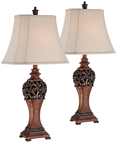 Regency Hill Exeter Traditional Style Table Lamps 30 Tall Full Size Set of 2 Bronze Wood Carved Leaf Creme Rectangular Bell Shade Cottage Core Decor for Living Room Bedroom House Bedside Nightstand