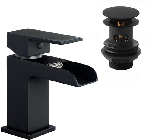 ENKI, Plaza, BBT0135, Matte Black Basin Mixer Tap, Square Waterfall Open Spout Design, with Slotted Pop Up Waste
