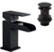 ENKI, Plaza, BBT0135, Matte Black Basin Mixer Tap, Square Waterfall Open Spout Design, with Slotted Pop Up Waste