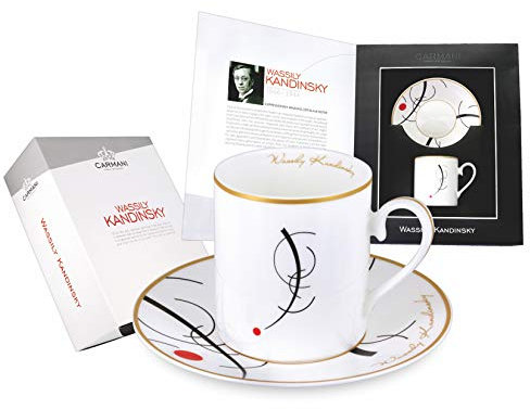 CARMANI - Tea Cup and Saucer, Fine Bone China, with Wassily Kandinsky Free Curve to The Point 250ml