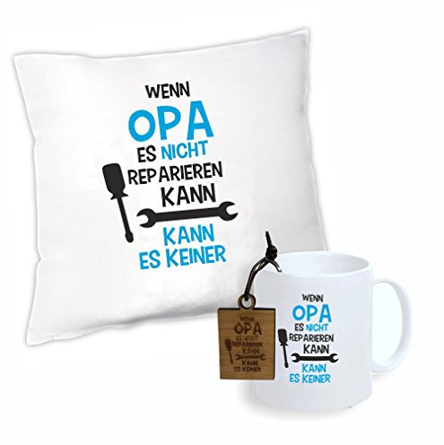 4youDesign Set Kissen + Tasse + Schlüsselanhänger Wenn Opa es Nicht reparieren Geburtstagsgeschenk - Geschenk-Set - Idee - für Opa - für ihn
