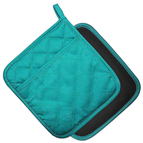YEKOO Cotton and Neoprene Oven Pads Pot Holder with Pocket 8x8.5 Dual-Function Hot Pad Set for Finger Hand Wrist Protection Heat Resistant to 428°F Teal