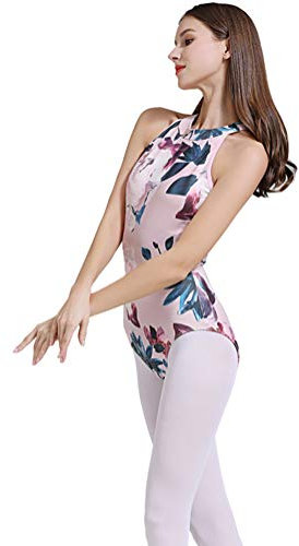 Limiles Damen Neckholder Bodysuit Schlüsselloch Rücken Gymnastik Ballett Tanz Trikot Tops Tanzkleidung Kostüme, rosa blume, X-Large