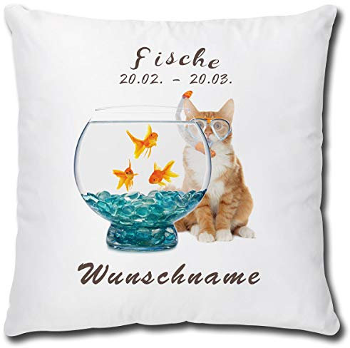 TRIOSK Kissen Katzenmotiv mit Namen personalisiert Sternzeichen Fische Dekokissen Katze lustig Geschenk für Katzenliebhaber Frauen Mädchen Kinder 40x40 Weiß Bunt