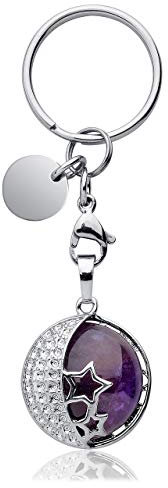 Jovivi Amethyst Kristall Schlüsselanhänger Silber Mond Stern Stein Heilung Edelstein Schlüsselanhänger Auto Schlüsselanhänger Hängende Tasche Charms Frauen, Ohne Gravur, 22 mm