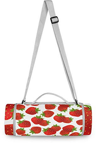 BEUSS Rote Erdbeere Picknickdecke wasserdicht Kreative Runde Picknick-Matte Kampierende Strand Yoga Decken Matten im Freien Faltbar Leicht Matte Decke mit Tragegriff(148cm x 148cm)