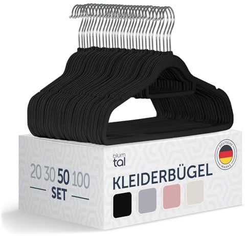 Blumtal Kleiderbügel 50 Stück - Kleiderbügel Samt 360° drehbar und belastbar - Kleiderbügel platzsparend und rutschfest - Kleiderbügel Schwarz mit Samtbezug - Samtbügel - Kleiderbügel Samt Schwarz