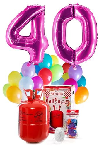 PARTY FACTORY Helium Geburtstags-Komplettset 40 - mit XXL Zahlenballons, 0,4m³ Ballongas, Ballonschnur & 30 bunten Latexballons - für Geburtstag, Jubiläum, Jahrestag in verschiedenen Farben (Pink)