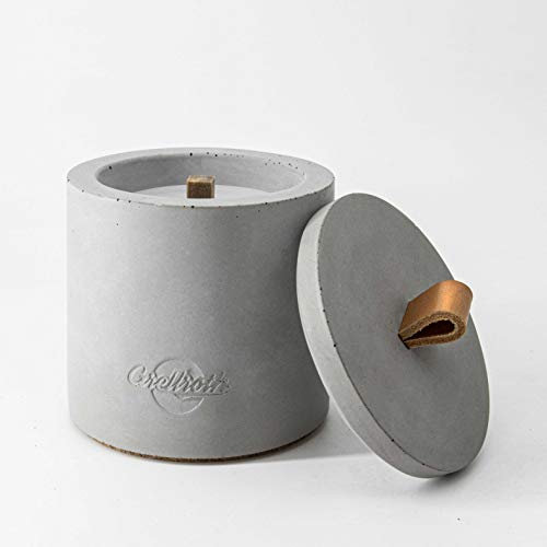 Beton-Outdoor-Feuer - Zeitlos, mit tollem cognacfarbenem Ledergriff und nachfüllbar mit Wachsresten (D 11 cm, H 14 cm) (Ledergriff cognac)