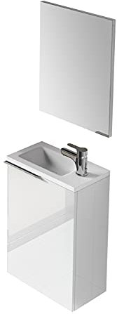 Dmora - Meuble sous-vasque Peoria, Meuble de salle de bain suspendu, armoire 1 porte avec miroir et lavabo, 40x22h58 cm, Blanc brillant