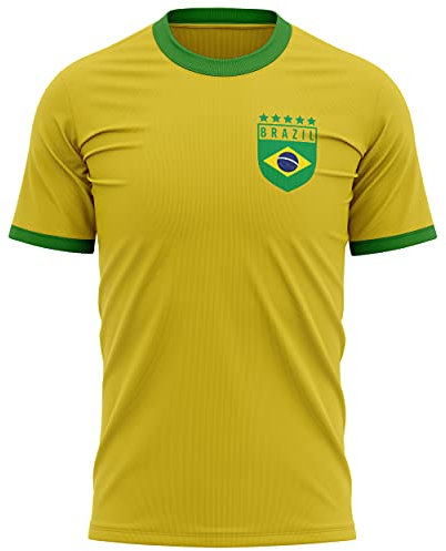Mens Retro Brazil Badge T Shirt Football Brasil Futbol Soccer Supporter Tee, L, Yellow/Green