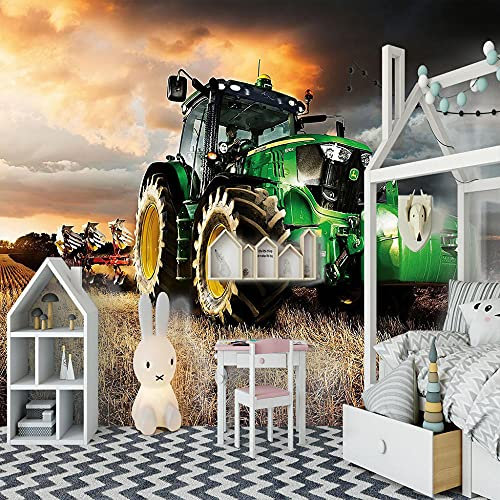 MYYDM Fototapete 3D Wandtapete Grüner Ackerschlepper Cartoon 200x140cm Vlies Tapete Wanddeko Wand Dekoration Wohnzimmer Schlafzimmer Büro Flur Landwirtschaft Wanddeko Wand
