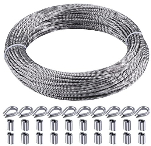 Rectoo Drahtseil, 30,5 m, Drahtseil, Metallkabel mit Schlaufenhülse und Stahl-Fingerhut, 7 x 7 Marine-Edelstahl-Litzenkern, perfekt für Deck-Geländer-System, Outdoor-Hängeset, Gartenzaun (SR03)