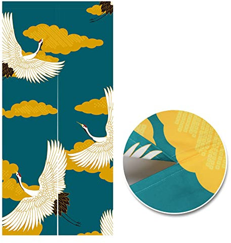 LIGICKY Japanischer Stil Dick Noren Lang Vorhang Doppelseitig Druck TürVorhang Raumteiler Tapisserie für die Heimtextilien 85 x 180 cm, Grün (Gekrönten Kran Floral Moon)