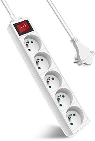 Extrastar Multiprise 5 Prises avec Interrupteur Fiche Plate, Bloc 5 Prises, Rallonge 1.5m 230 V avec sécurité Enfant, Blanc