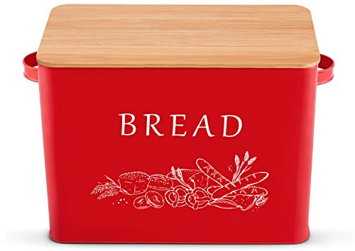 Red Bread Box for Kitchen Counter, P&P CHEF Metal Bread Storage Bin with Wooden Cutting Lid, Large Capacity for Holding 2+ Loaves, Retro Modern Style, Size 13” x 7.2” x 9.7”