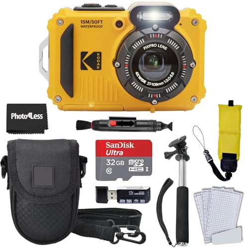 Kodak PIXPRO WPZ2 Appareil Photo Numérique Robuste Étanche Antichoc 16MP Zoom Optique 4X Vidéo Full HD 1080p LCD 2.7 (Jaune), Carte SD 32 Go, Étui pour Appareil Photo Compact Noir, Sangle Flottante (7