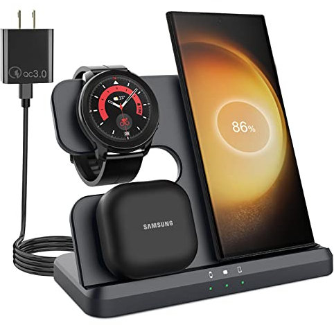 3 in 1 Wireless Charger for Samsung,Samsung S23 Ultra Charger for S24ultra/S22Ultra/S23/Z Fold4/Flip4/Google Pixel,Galaxy Watch6/6 classic/5/4 Charger,Wireless Charging Station for Galaxy Buds Black