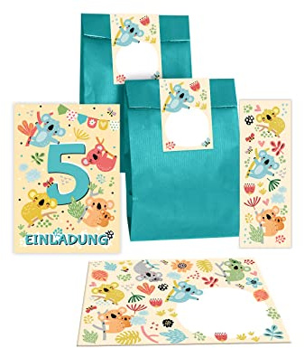 12 Einladungskarten zum 5. Kindergeburtstag fünfte Geburtstag Mädchen Jungen Koala incl. 12 Umschläge, 12 Tüten/petrol, 12 Aufkleber, 12 Lesezeichen