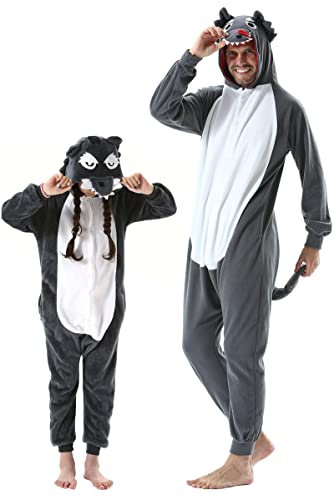 DarkCom Loup Onesie pour Enfants et Adultes,Vêtements de Nuit Combinaison Parent-Enfant Cosplay Animal Halloween Kigurumi Costume Pyjama de Noël 4-5 T