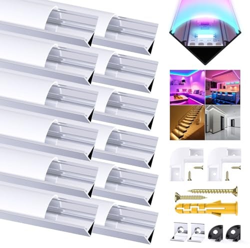 Chesbung 12 Pack V Shape Led Aluminum Profile for LED Strips, 1Meter/3.3ft Led Aluminum Channel with Milky White Cover, Led Track Diffusers with End Caps, Mounting Clips and 90 Degree Corner Connector