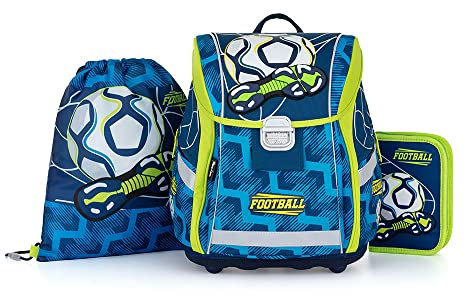 OXY BAG Schulranzen Set Fußball 3 Teilig Ergonomischer Schulrucksack Set Etui & Sportbeutel Leicht Schulset Mädchen Reflektoren Schultasche für 1. - 3. Klasse Back to School (27L)