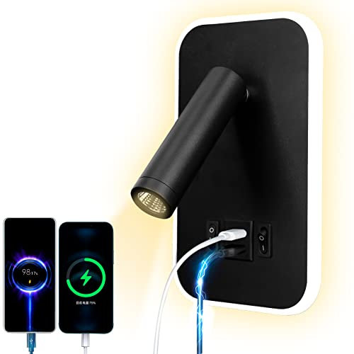 uksunvi LED Reading Light USB tipo - C Double charge Electric Zut Switch se puede ajustar 12w LED Spotlight 3000k Wall Light Aluminium Bed Light se puede girar (Negro rectangular)