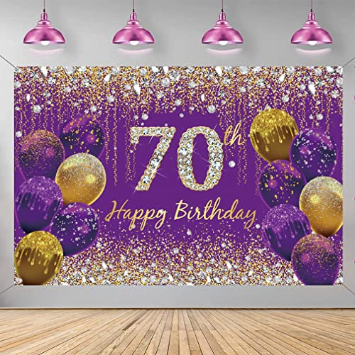 70. Geburtstag Deko für Frauen, Lila Glitzer Flecken Stoff Schild Plakat Geburtstag Party Dekoration Hintergrund Banner Frau, 70 Geburtstagsfeier Deko