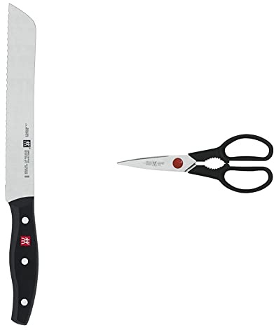 Zwilling 1001371 Brotmesser, Klingenlänge: 20 cm, Klingenblatt mit Wellenschliff, Schwarz & Twin L Vielzweckschere, Universalschere, 20 cm, Rostfreier Spezialstahl/Kunststoff, Schwarz
