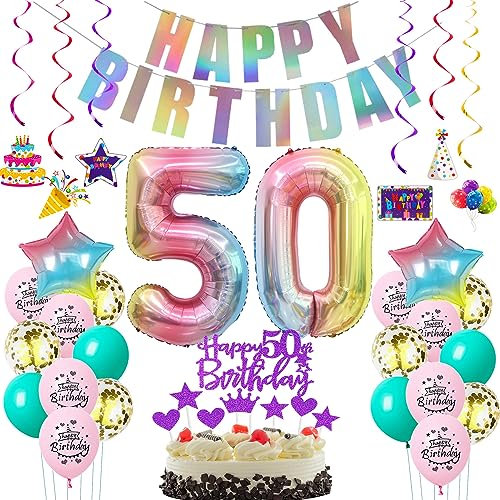 Deko 50. Geburtstag frauen bunt,Geburtstagsdeko 50 jahre frauen Rosa Luftballons 50 Geburtstag dekoration Regenbogen,bunt Folienballon 50 Geburtstag deko frau Rosa Tortendeko 50 Geburtstag lila