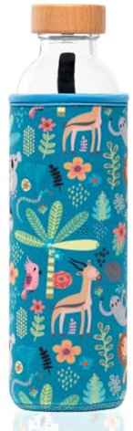 FLASKA | Botella de Agua de Vidrio | 500ml | Sin BPA | Tapa a Rosca | Funda de Neopreno | Ideal para Deporte, Oficina, Yoga | Estructura el Agua | Reino Animal