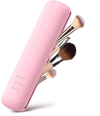 Travel Makeup Brush Holder, Silicon Trendy and Portable Cosmetic Face Brushes Soft Sleek Tools Organizer for Trave (Pink)